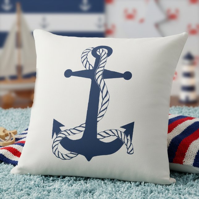 Nautical Anchor & Rope Navy White ID836 Throw Pillow (Creator Uploaded)