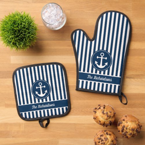 Nautical Anchor Rope Navy White Stripes Custom Oven Mitt  Pot Holder Set