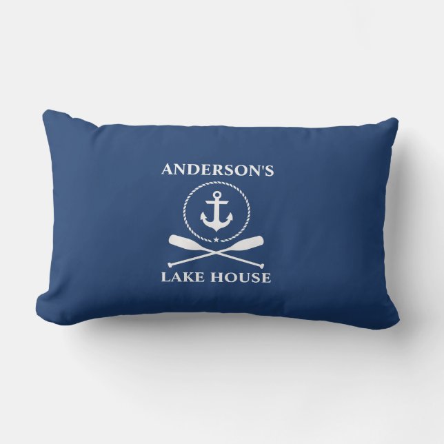 Nautical Anchor Rope Oars Navy Blue Lake House Lumbar Pillow (Front)