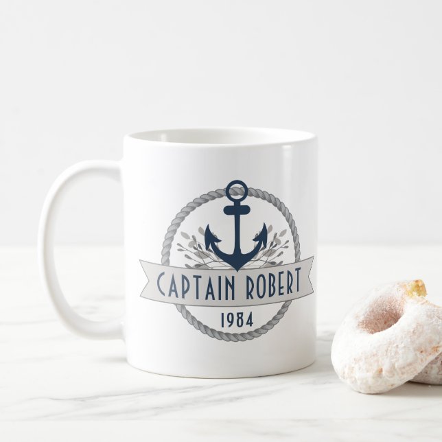 Nautical Anchor & Rope Personalized Logo Coffee Mug (With Donut)