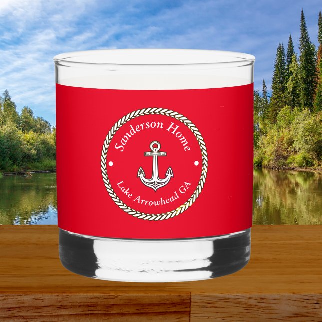 Nautical Anchor Rope Red White Blue Monogram Name Whiskey Glass (Creator Uploaded)