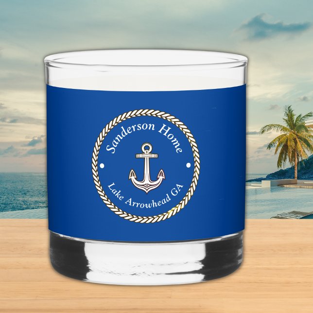 Nautical Anchor Rope Sea Blue White Monogram Name Whiskey Glass (Creator Uploaded)
