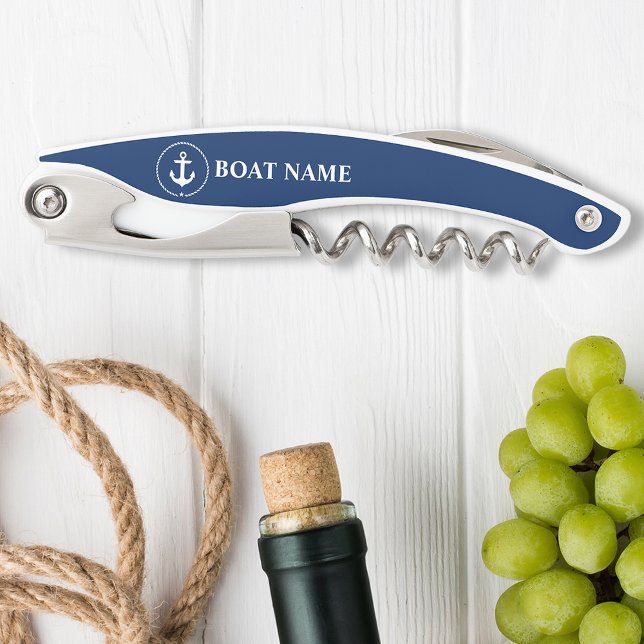 Nautical Anchor Rope Star  Boat Name Navy Blue Waiter's Corkscrew (Customize to change text size or text style.)