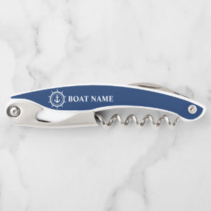 Nautical Anchor Rope Star Helm Boat Name Navy Blue Waiter's Corkscrew