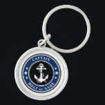 Nautical Anchor Rope & Stars Captain or Boat Name Keychain<br><div class="desc">A Custom Nautical Anchor & Rope with Your Personalized Captain Name or Boat Name,  Navy Blue Black and White keychain.</div>