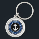 Nautical Anchor Rope & Stars Captain or Boat Name Keychain<br><div class="desc">A Custom Nautical Anchor & Rope with Your Personalized Captain Name or Boat Name,  Navy Blue Black and White keychain.</div>