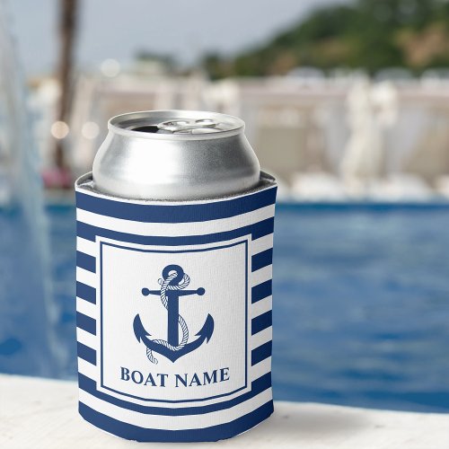 Nautical Anchor Rope Striped Boat Name Can Cooler