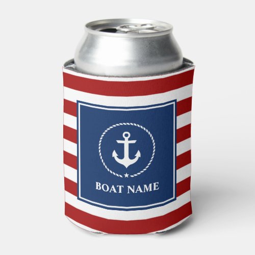 Nautical Anchor Rope Striped Boat Name RWB Can Cooler