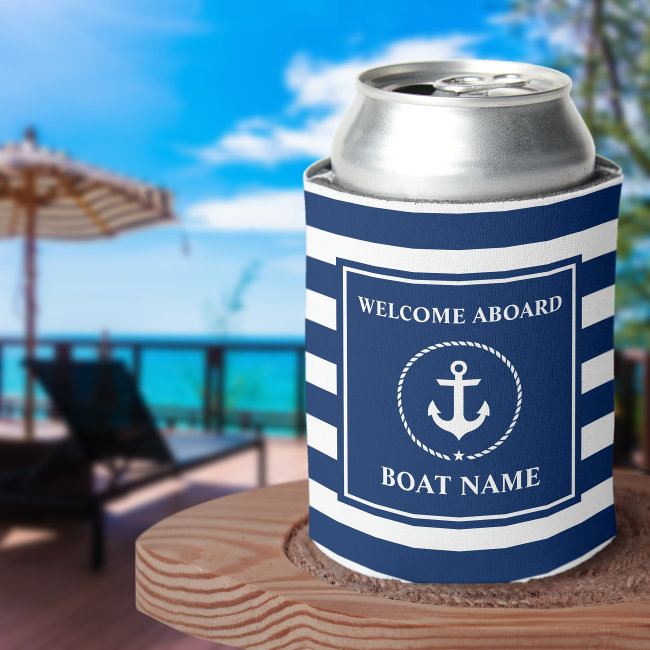 Nautical Anchor Rope Striped Boat Name Welcome Can Cooler