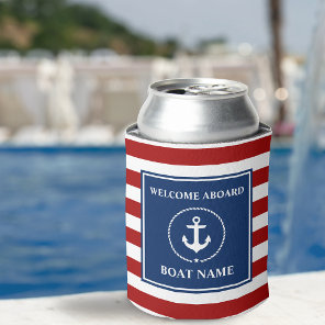 Nautical Anchor Rope Striped Boat Name Welcome RWB Can Cooler