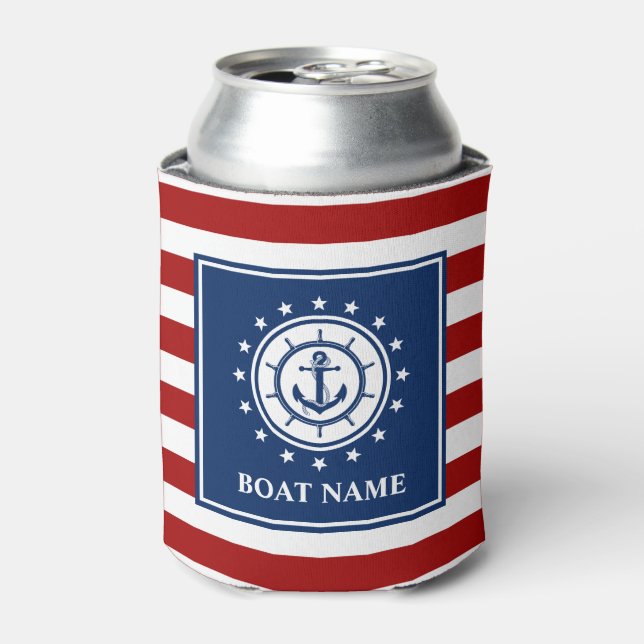 Nautical Anchor Rope Striped Boat RWB Stars Can Cooler (Can Front)