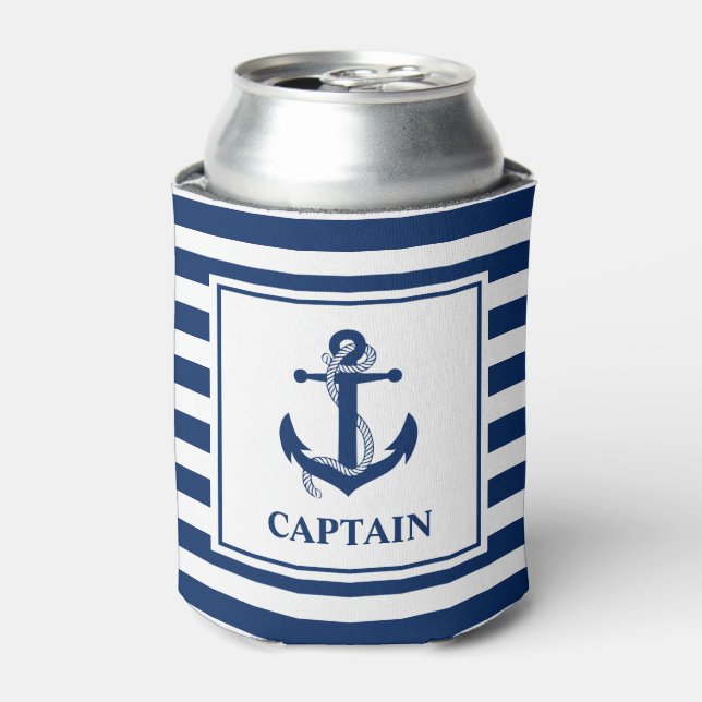 Nautical Anchor Rope Striped Captain Can Cooler (Can Front)