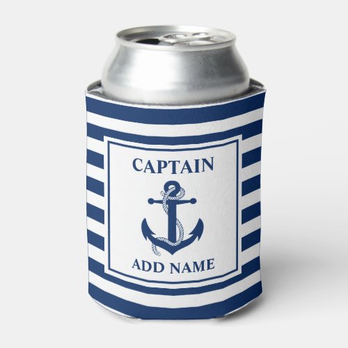 Nautical Anchor Rope Striped Captain Name Can Cooler