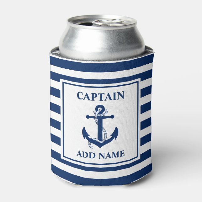 Nautical Anchor Rope Striped Captain Name Can Cooler (Can Front)