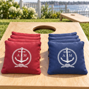 Nautical Anchor Rope Wedding Monogram Red Cornhole Bags