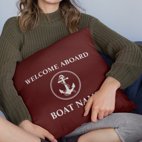 Nautical Anchor Rope Welcome Aboard Deep Red Outdoor Pillow