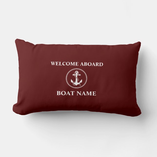 Nautical Anchor Rope Welcome Aboard Red Lumbar Pillow (Front)