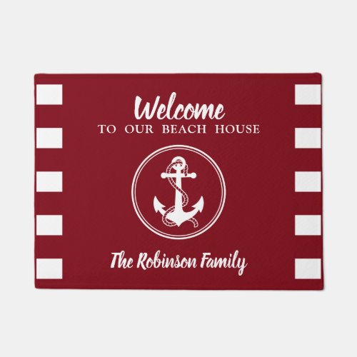 Nautical Anchor Rope Welcome Beach House Name Red Doormat