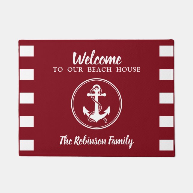 Nautical Anchor Rope Welcome Beach House Name Red Doormat (Front)