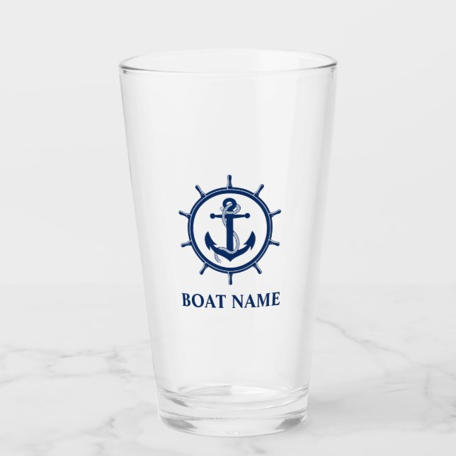 Nautical Anchor Rope Wheel Boat Name Glass (Front)