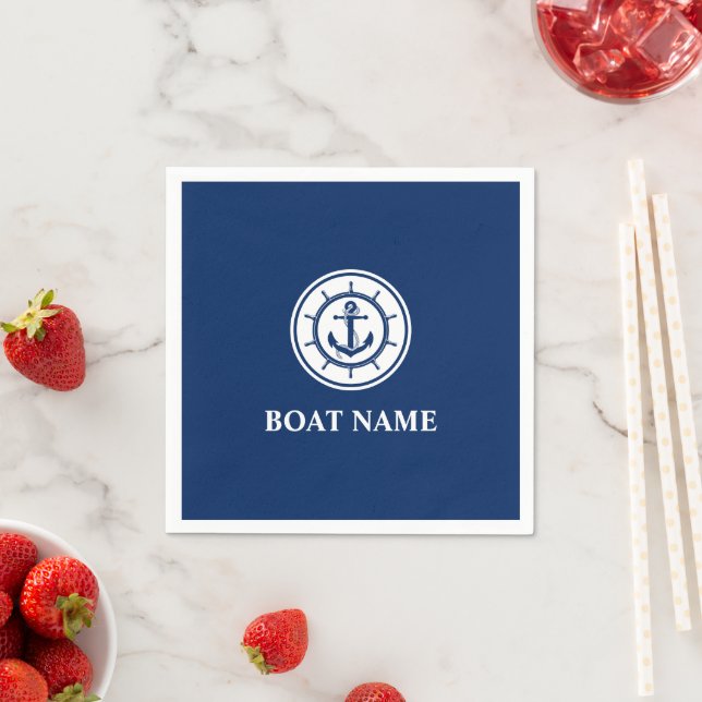 Nautical Anchor Rope Wheel Boat Name Navy Blue Napkins (Insitu)