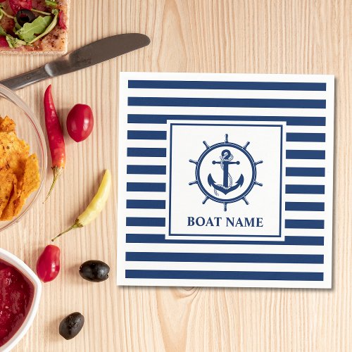 Nautical Anchor Rope Wheel Striped Boat Name Napkins