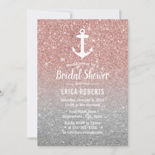 Nautical Anchor Rose Gold Glitter Bridal Shower Invitation (Front)