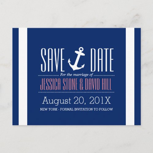 Nautical Anchor Royal Blue Wedding Save the Date Announcement Postcard