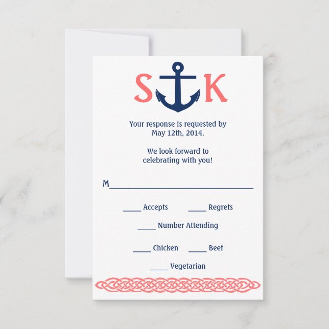 Nautical Anchor RSVP Card Navy and Coral (Front)
