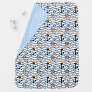 Nautical anchor rudder blue white stripe zigzag baby blanket