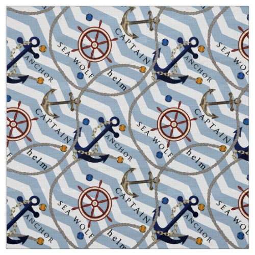 Nautical anchor rudder blue white stripe zigzag fabric