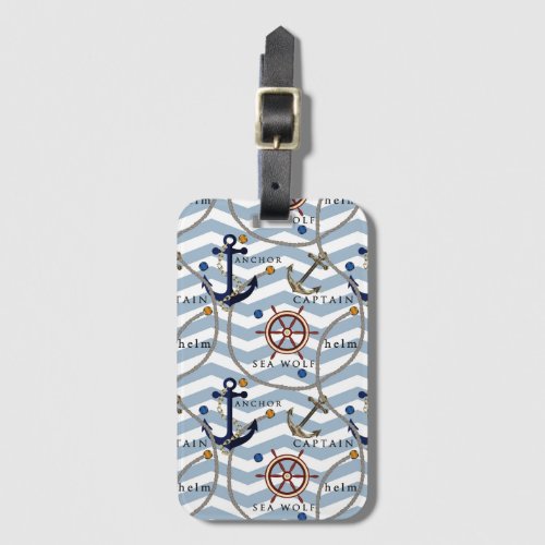 Nautical anchor rudder blue white stripe zigzag luggage tag