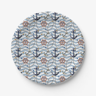Nautical anchor rudder blue white stripe zigzag paper plates
