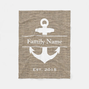 Nautical Anchor Rustic Burlap Family Name Fleece Blanket
