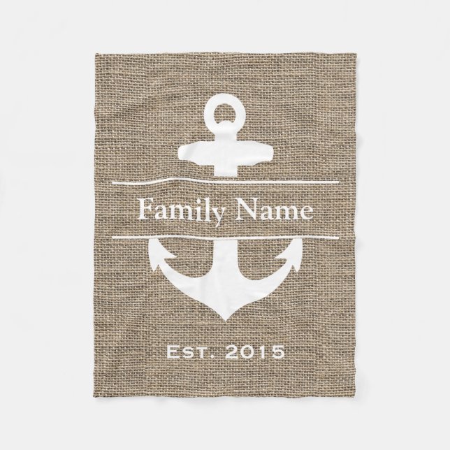 Nautical Anchor Rustic Burlap Family Name Fleece Blanket (Front)