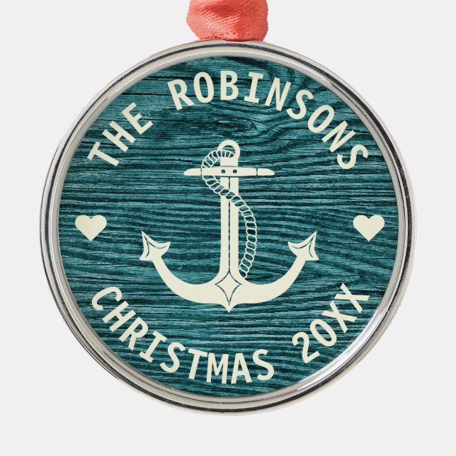 Nautical Anchor Rustic Family Name Christmas Metal Ornament (Front)