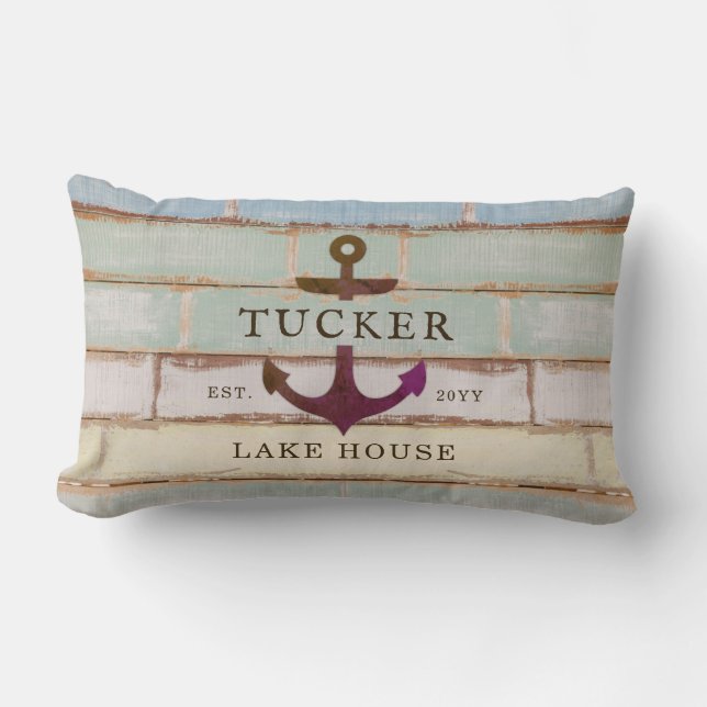 Nautical Anchor Rustic Family Name Lake House Lumbar Pillow (Front)