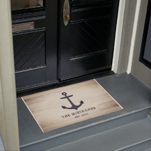 Nautical Anchor Rustic Gray Wood Custom Name Doormat