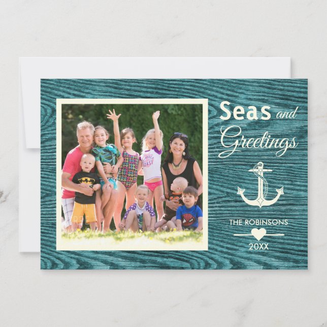 Nautical Anchor Rustic Turquoise Family Christmas Holiday Card (Front)