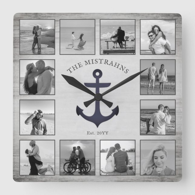 Nautical Anchor Rustic Wood Black & White Photos Square Wall Clock (Front)