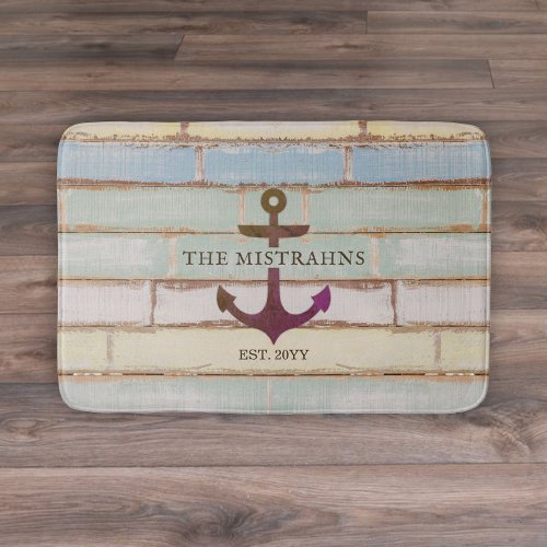 Nautical Anchor Rustic Wood Boat Name Bath Mat