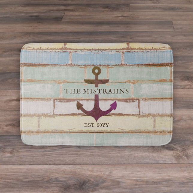 Nautical Anchor Rustic Wood Boat Name Bath Mat (Creator Uploaded)