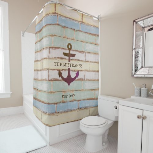 Nautical Anchor Rustic Wood Boat Name Bathroom Shower Curtain