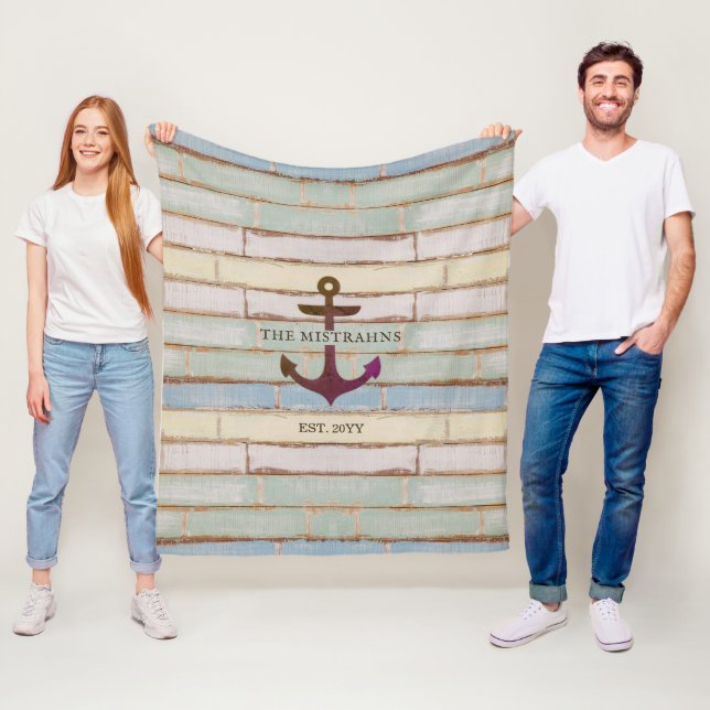 Nautical Anchor Rustic Wood Boat Name Fleece Blanket (In Situ)