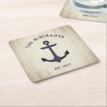 Nautical Anchor Rustic Wood Boat Name Square Paper Square Paper Coaster<br><div class="desc">This rustic nautical design features a vintage anchor on a gray wood plank background with space for your own personal text! Click the customize button for more flexibility in modifying/adding text and design elements! Variations of this design as well as coordinating products are available in our shop, zazzle.com/store/doodlelulu. Contact us...</div>