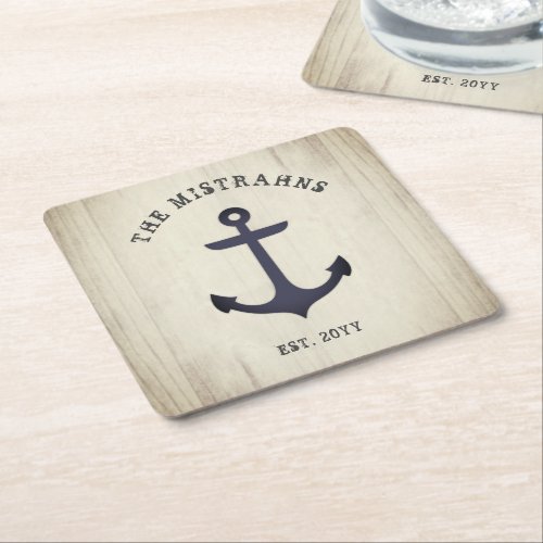 Nautical Anchor Rustic Wood Boat Name Square Paper Square Paper Coaster