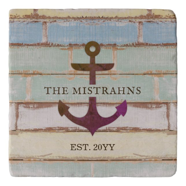 Nautical Anchor Rustic Wood Boat Name Trivet (Front)