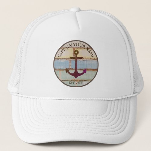 Nautical Anchor Rustic Wood Boat Name Trucker Hat