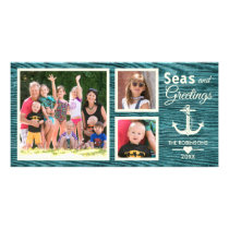 Nautical Anchor Rustic Wood Family Christmas Photo Card