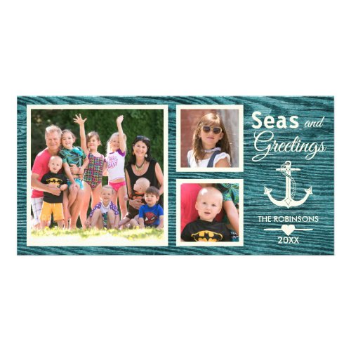 Nautical Anchor Rustic Wood Family Christmas Photo Card